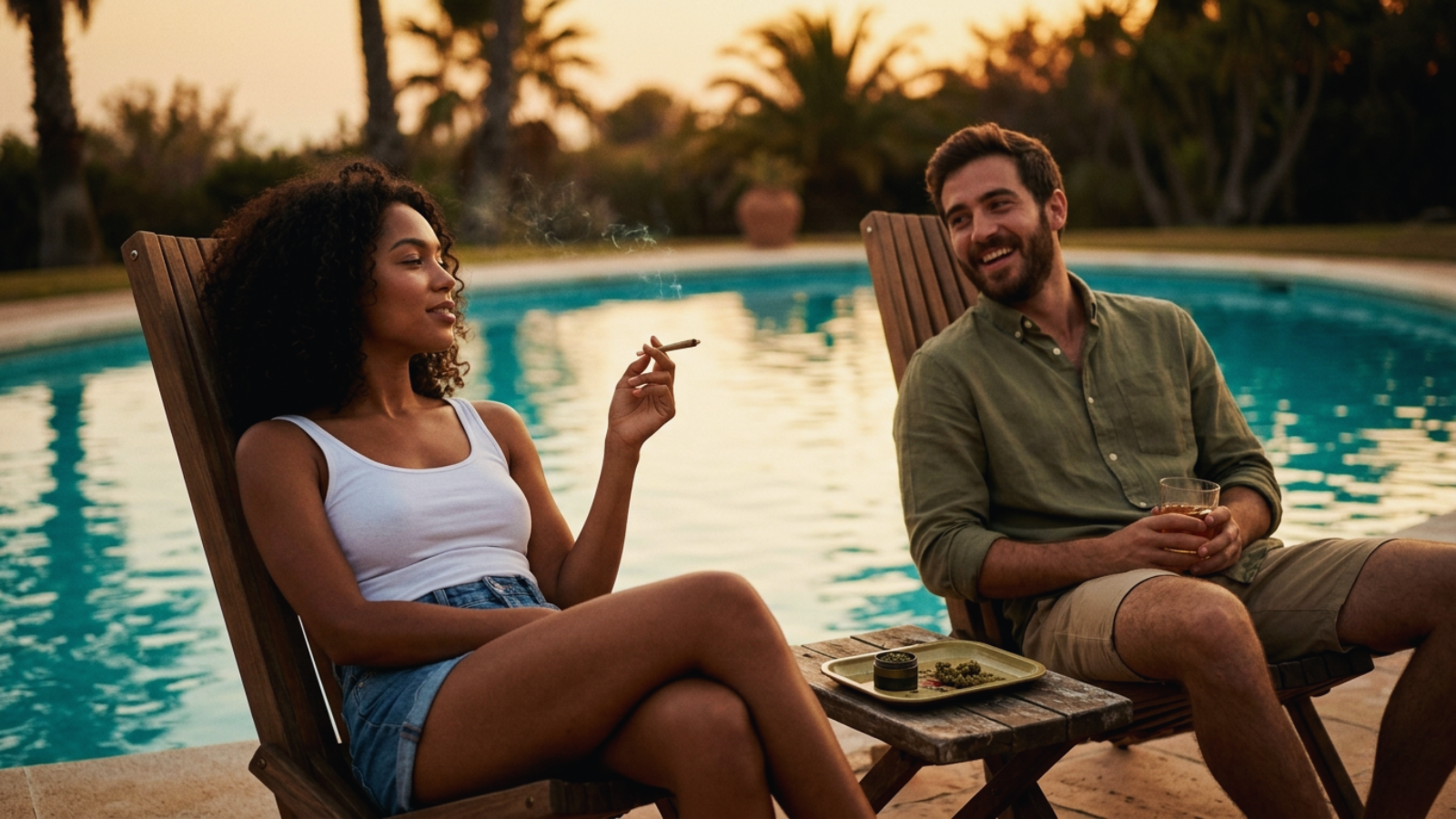 Two friends sharing a casual conversation by a poolside at sunset