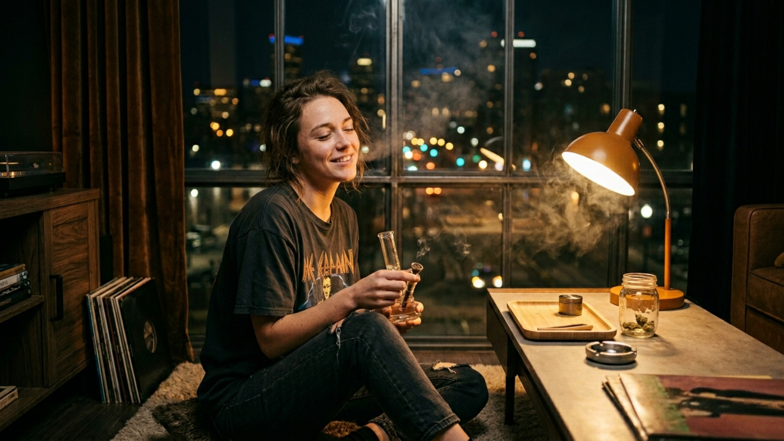 Solo subject looking out a window with neon lights and wispy smoke