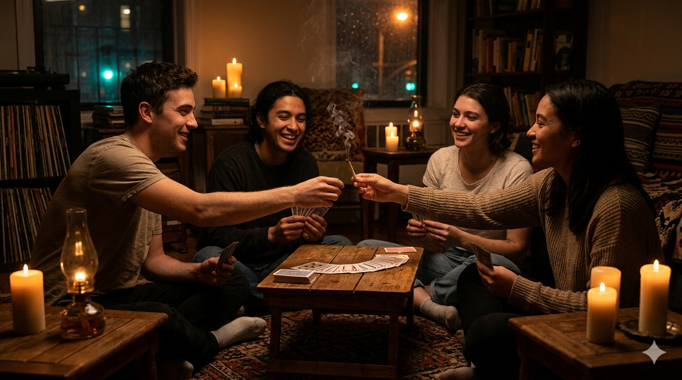 Group playing cards in a dark apartment lit by candles during power outage