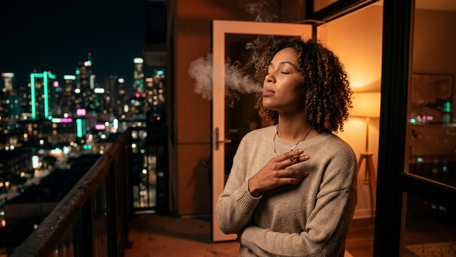 Relaxed woman smoking on balcony with warm indoor lighting and city view