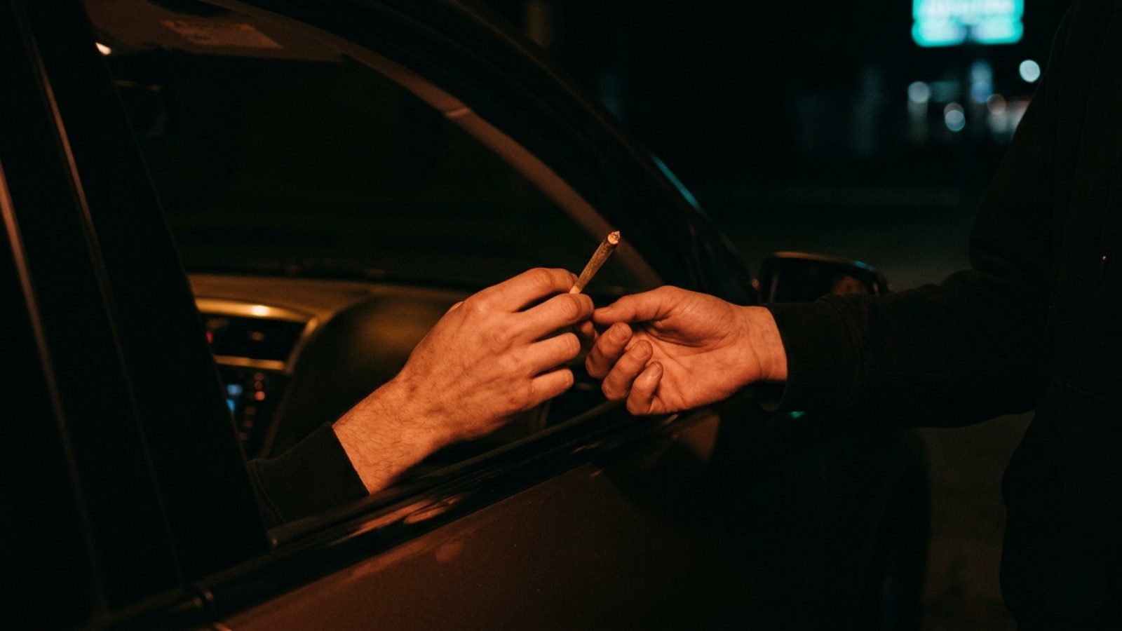 Hands passing a lit joint through a dark car window at night