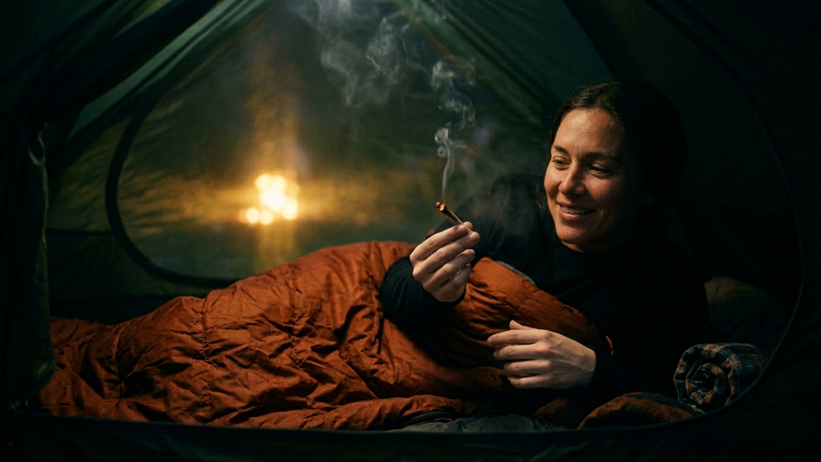 Woman relaxes in sleeping bag inside tent with lit cannabis joint.