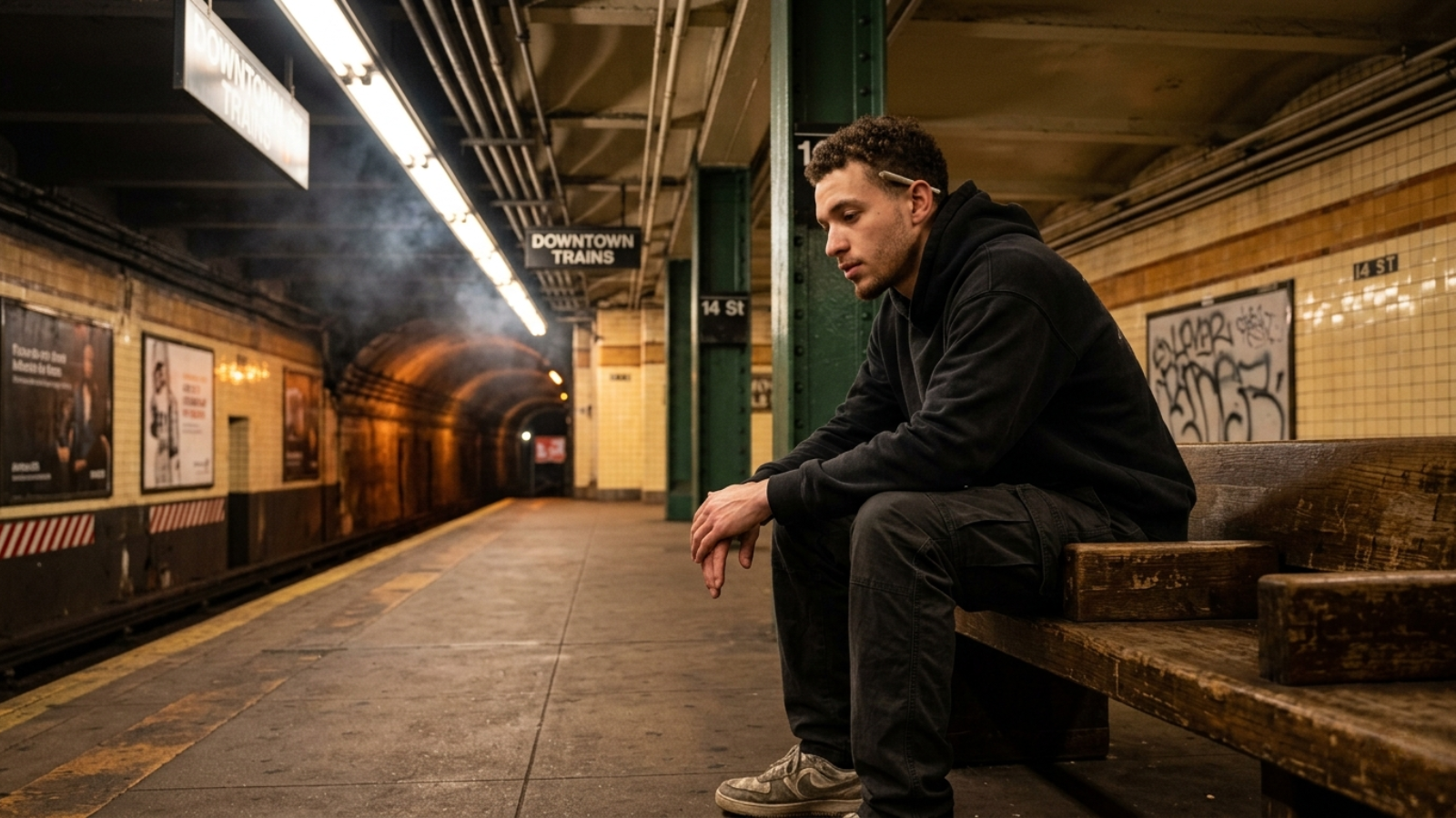 Late night urban lifestyle scene of solo man waiting on subway bench