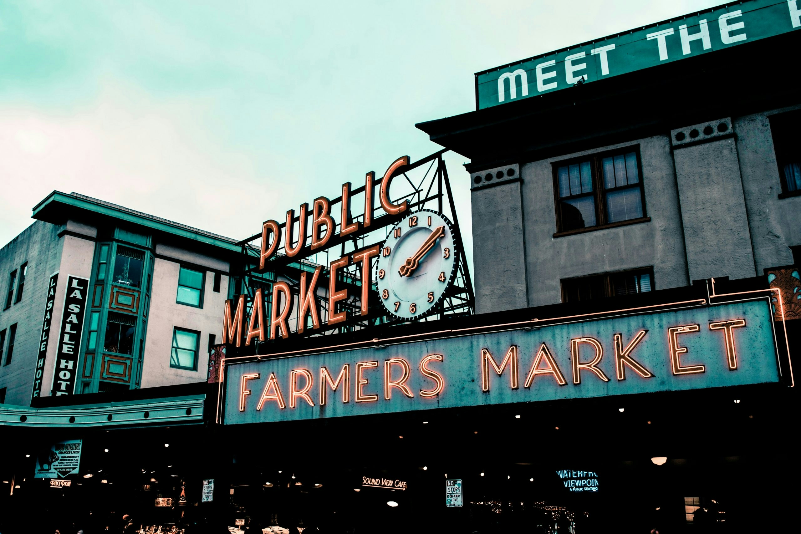 The famous Pike Place Market sign in Seattle, Washington