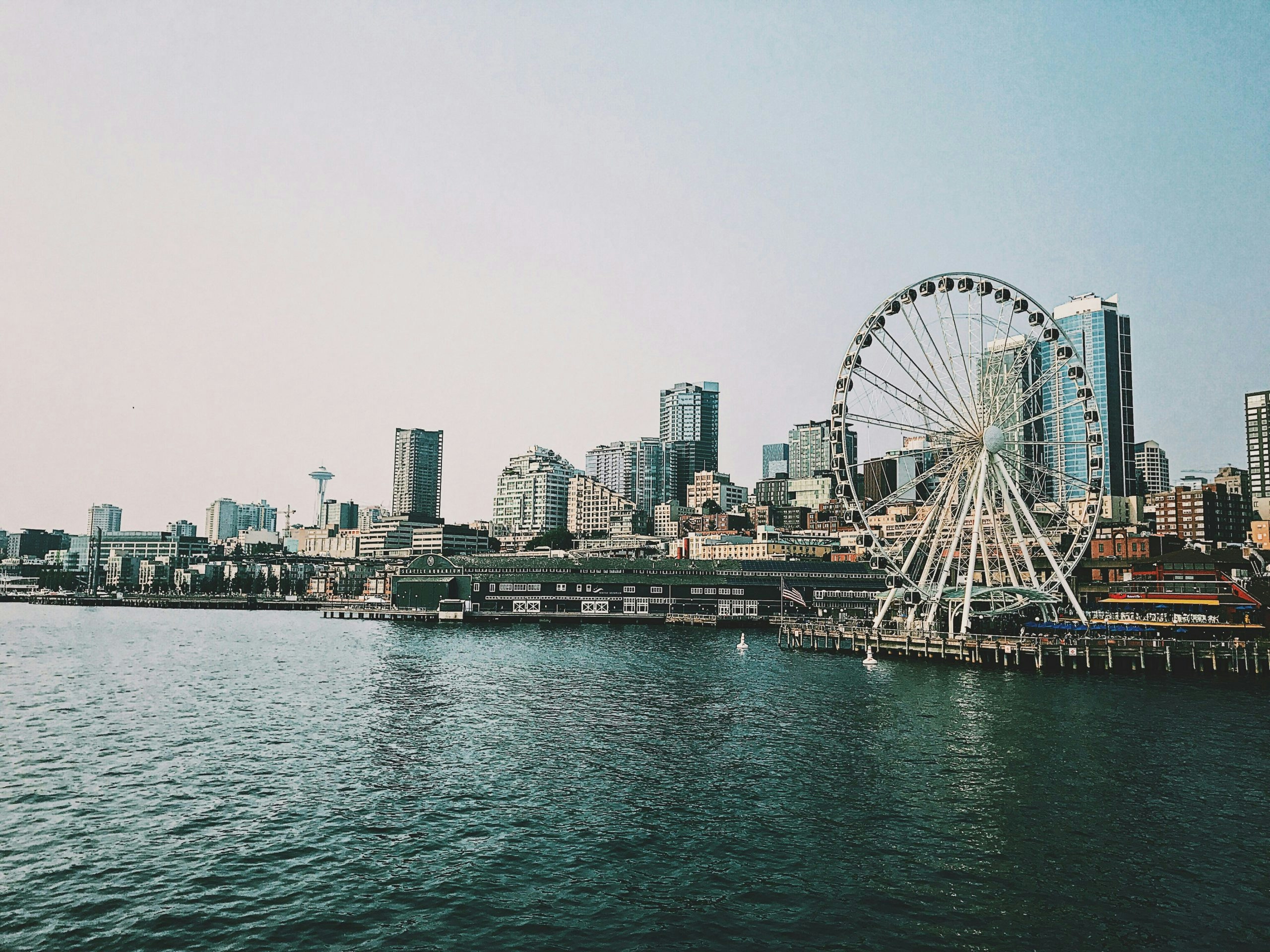 Seattle waterfront overlooking Elliott Bay and the city skyline