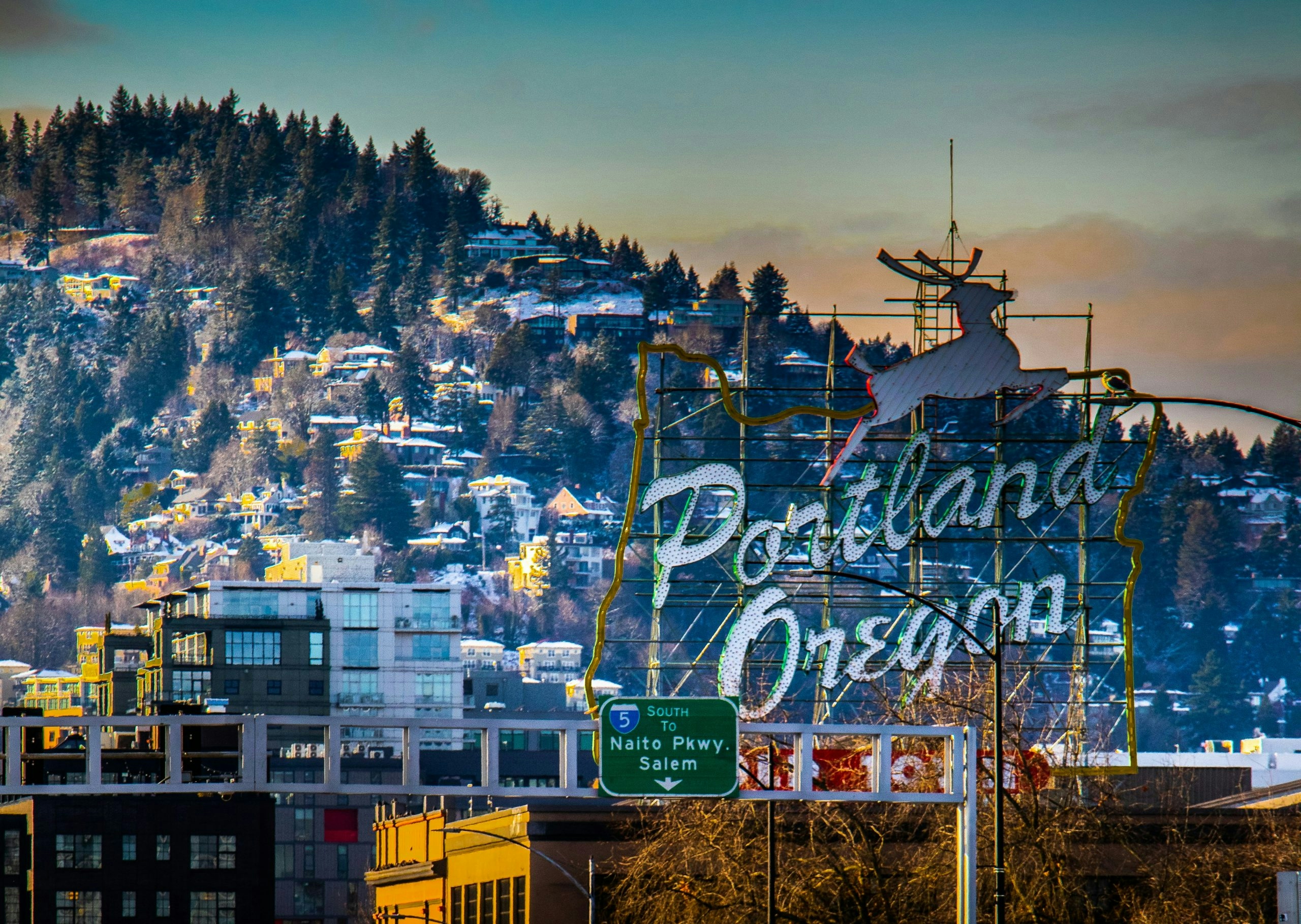 Historic Portland sign displayed above the city's downtown district