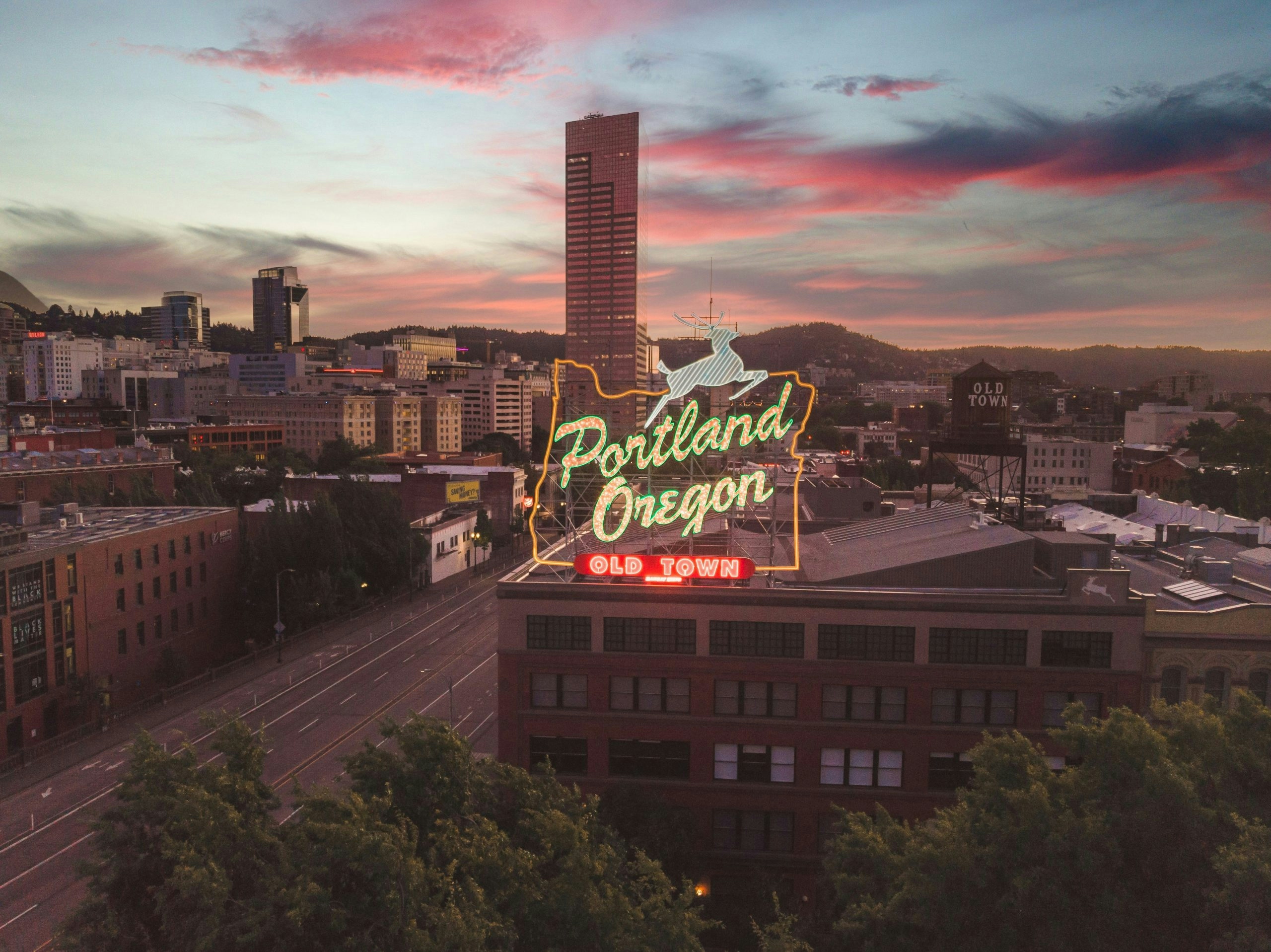 The iconic Portland, Oregon sign overlooking downtown