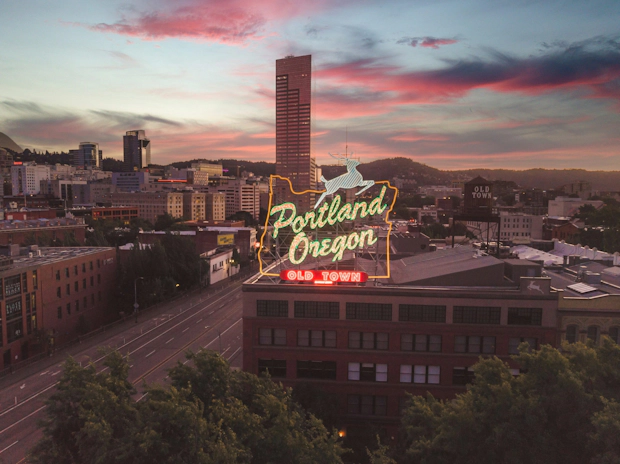 The iconic Portland, Oregon sign overlooking downtown