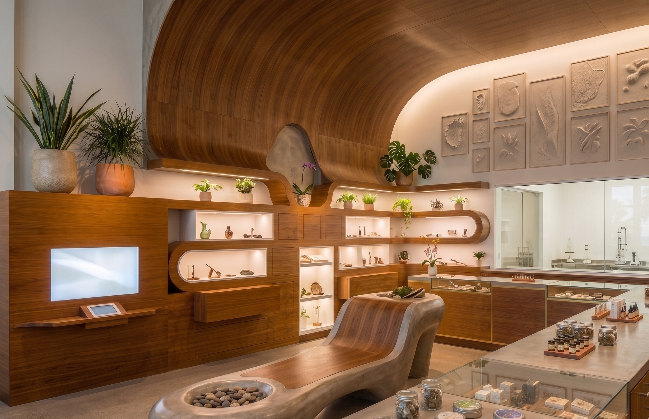 Interior of a Miami cannabis dispensary featuring flower, edibles, and concentrates