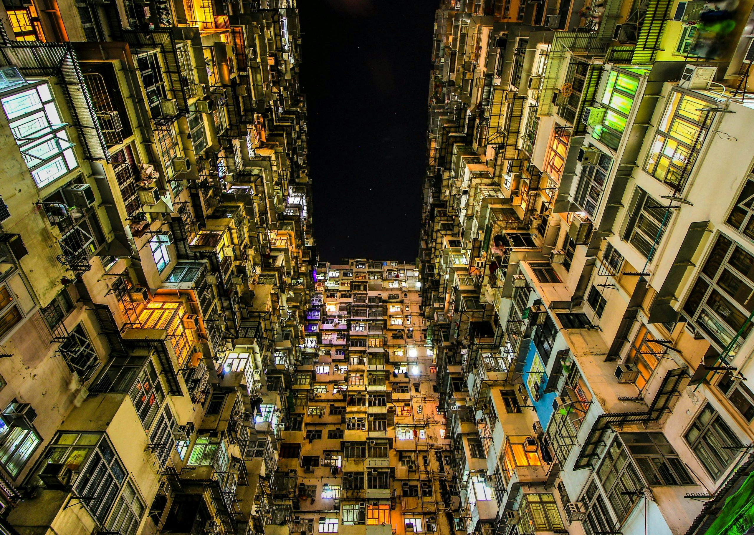 Colorful residential high-rises illustrating Hong Kong's dense urban landscape