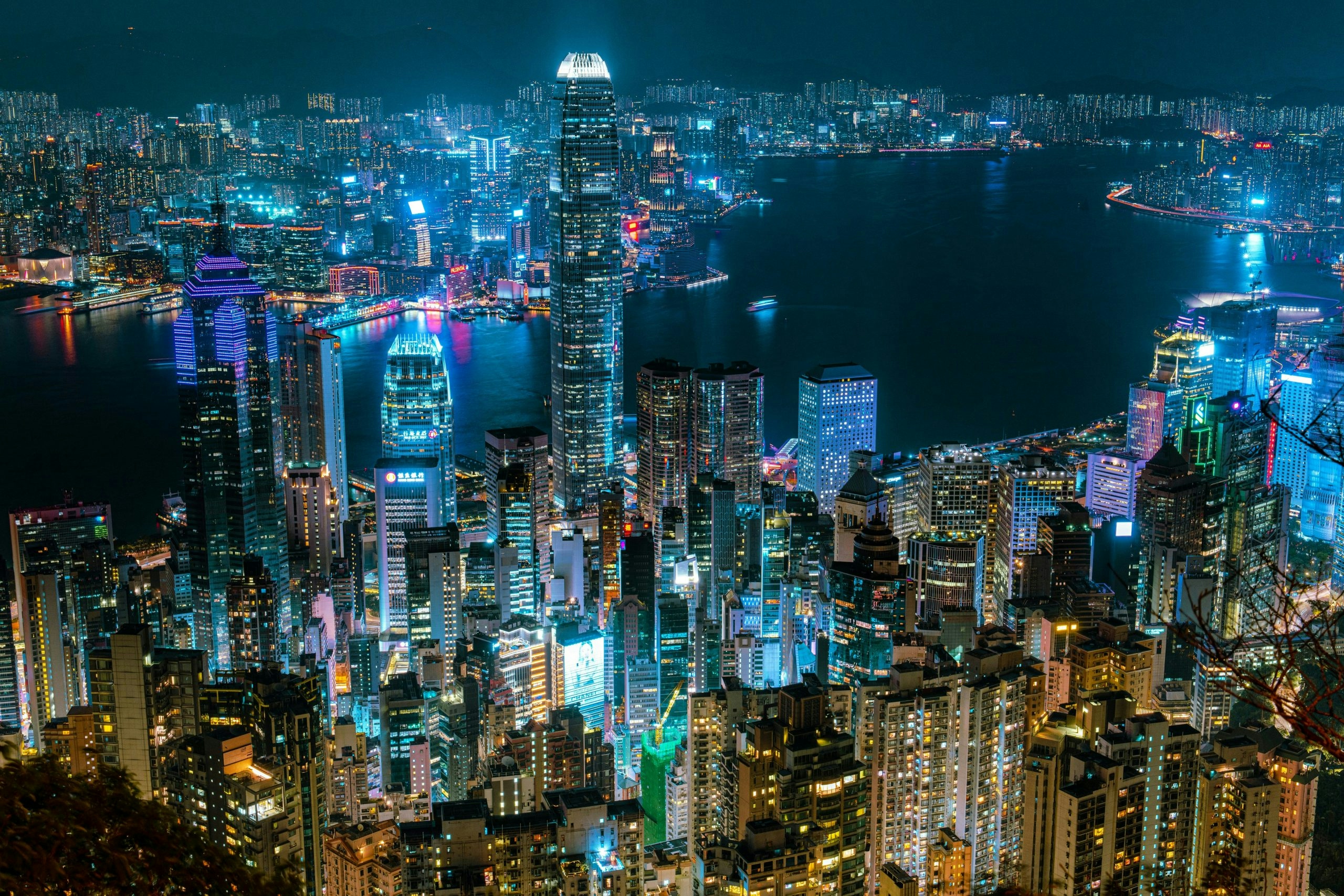 Hong Kong skyline featuring towering skyscrapers overlooking Victoria Harbour