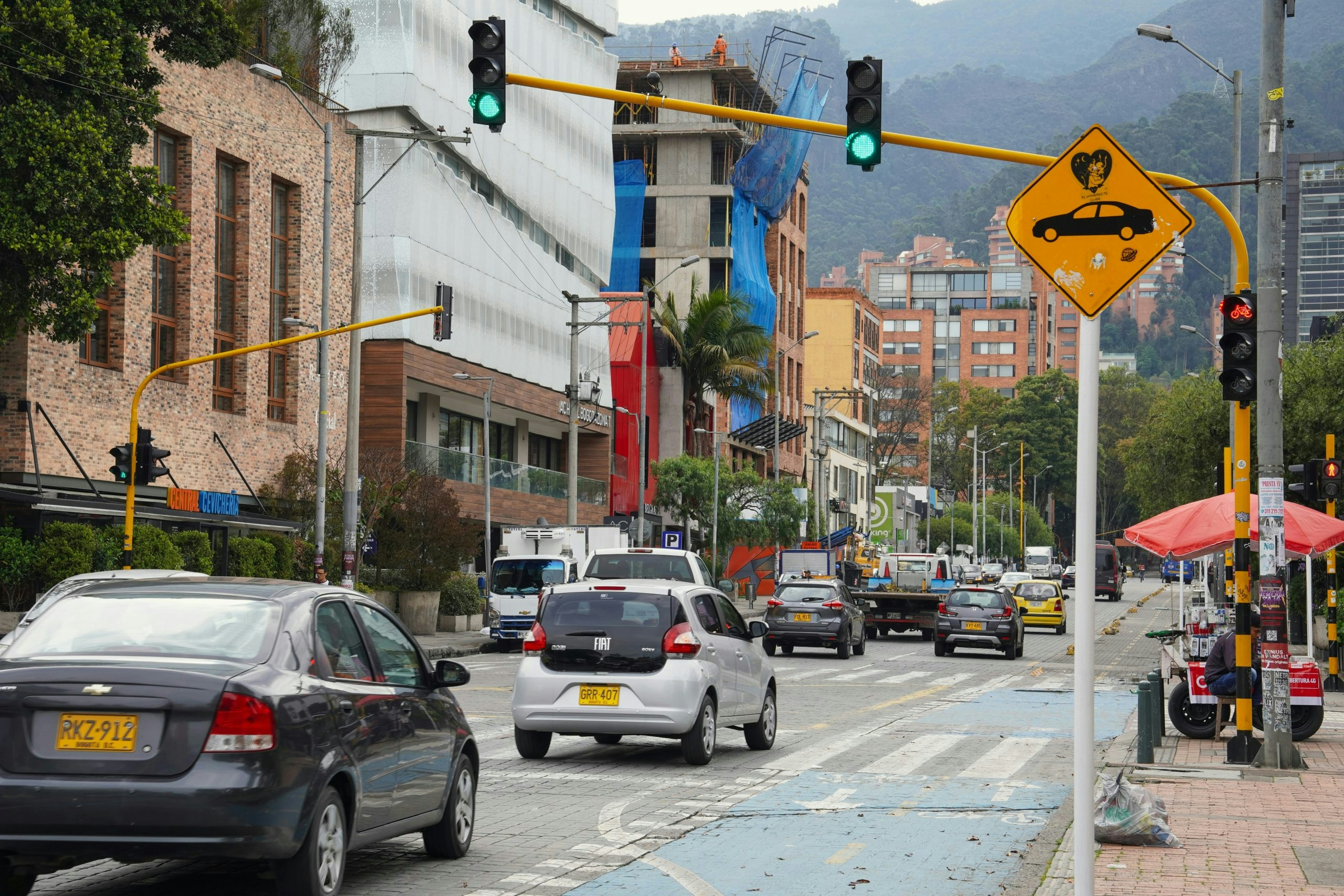 Downtown Bogotá with high-rise buildings and the Eastern Hills in the distance
