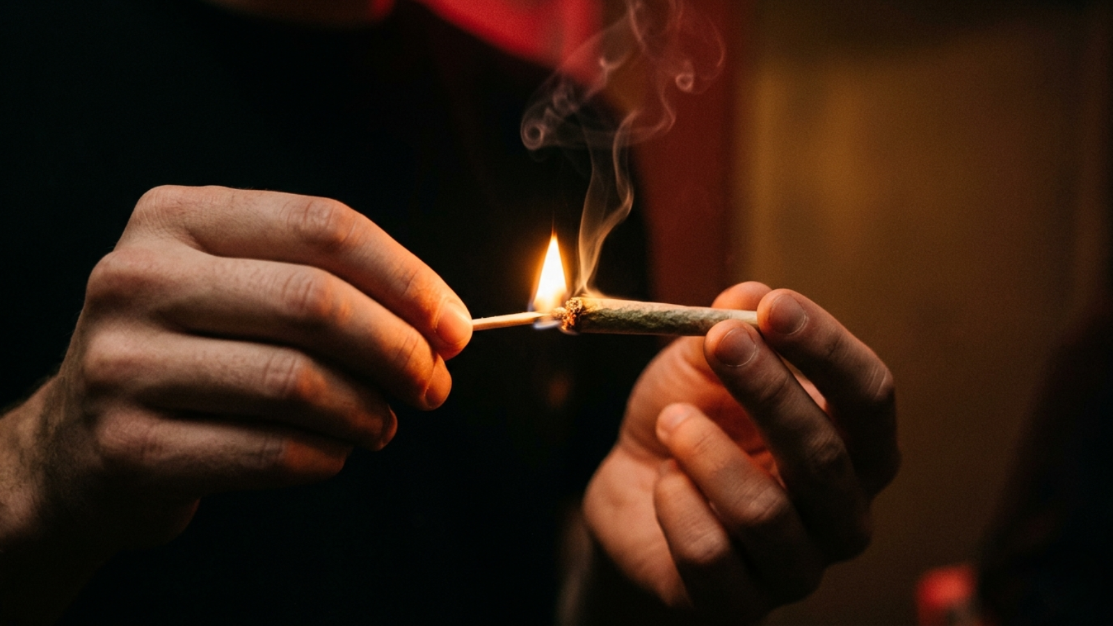 Close-up of hands lighting a pre-roll joint with a match in a dark room