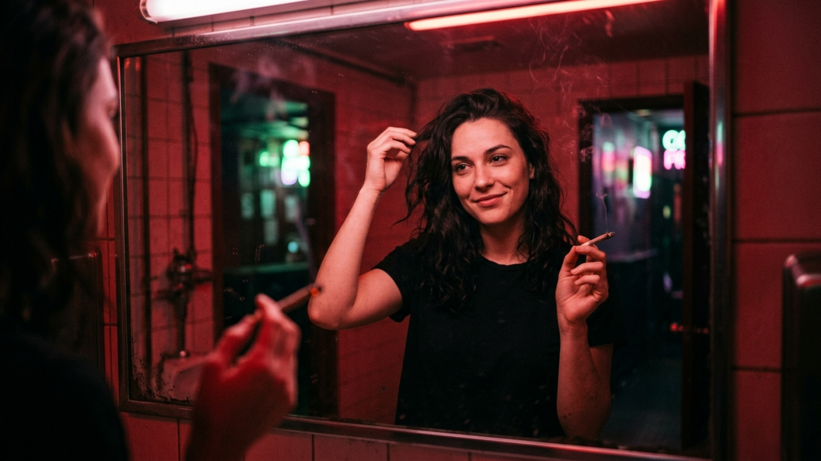 Woman fixing hair in club bathroom mirror holding cannabis joint