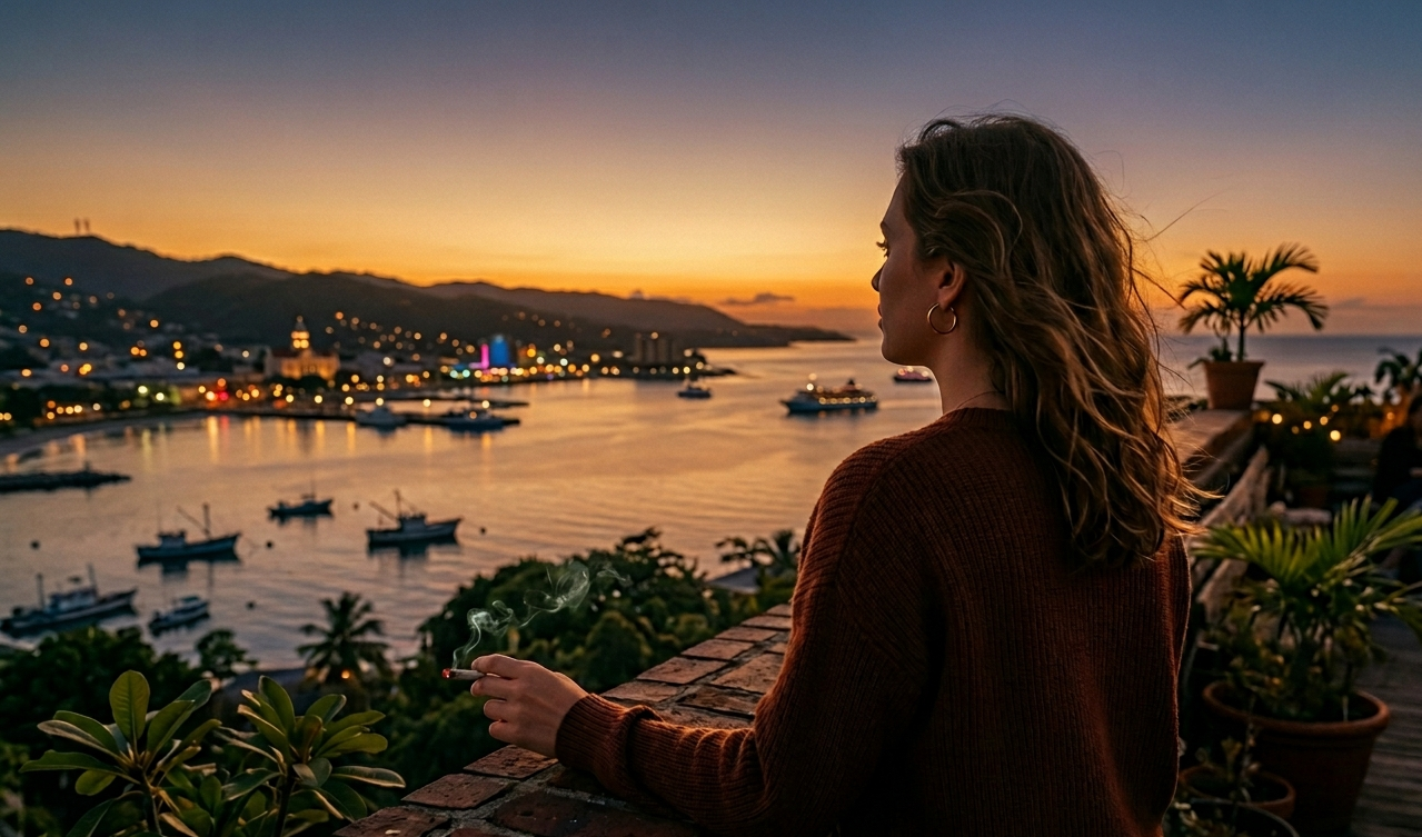 Thoughtful person overlooking illuminated skyline from rooftop in warm dusk haze