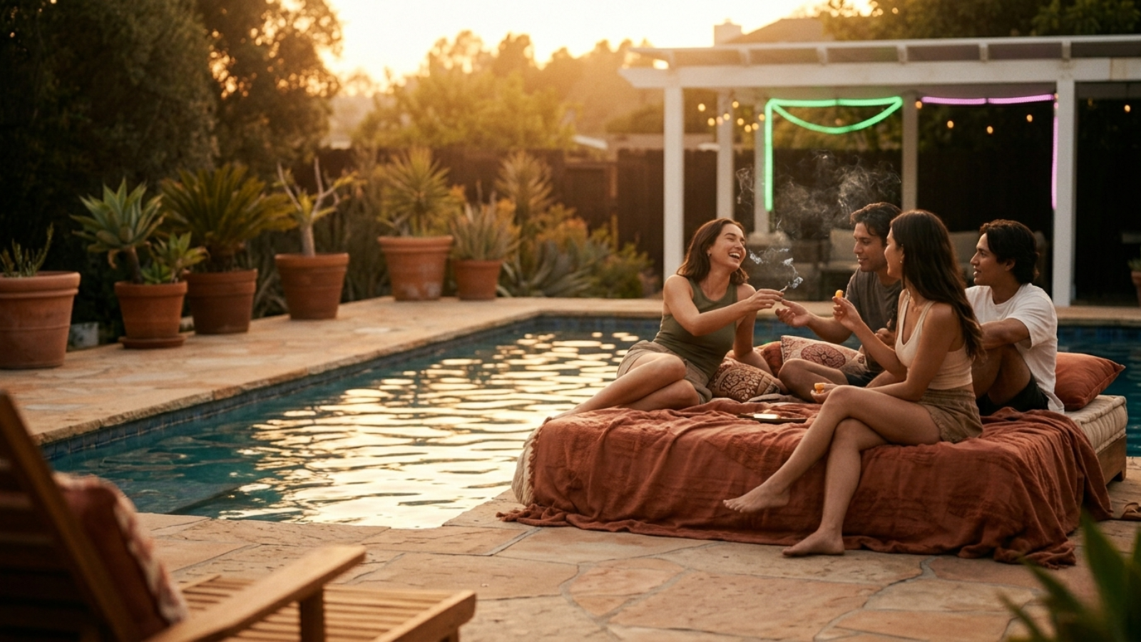 Friends enjoying a joint poolside during a warm golden hour sunset