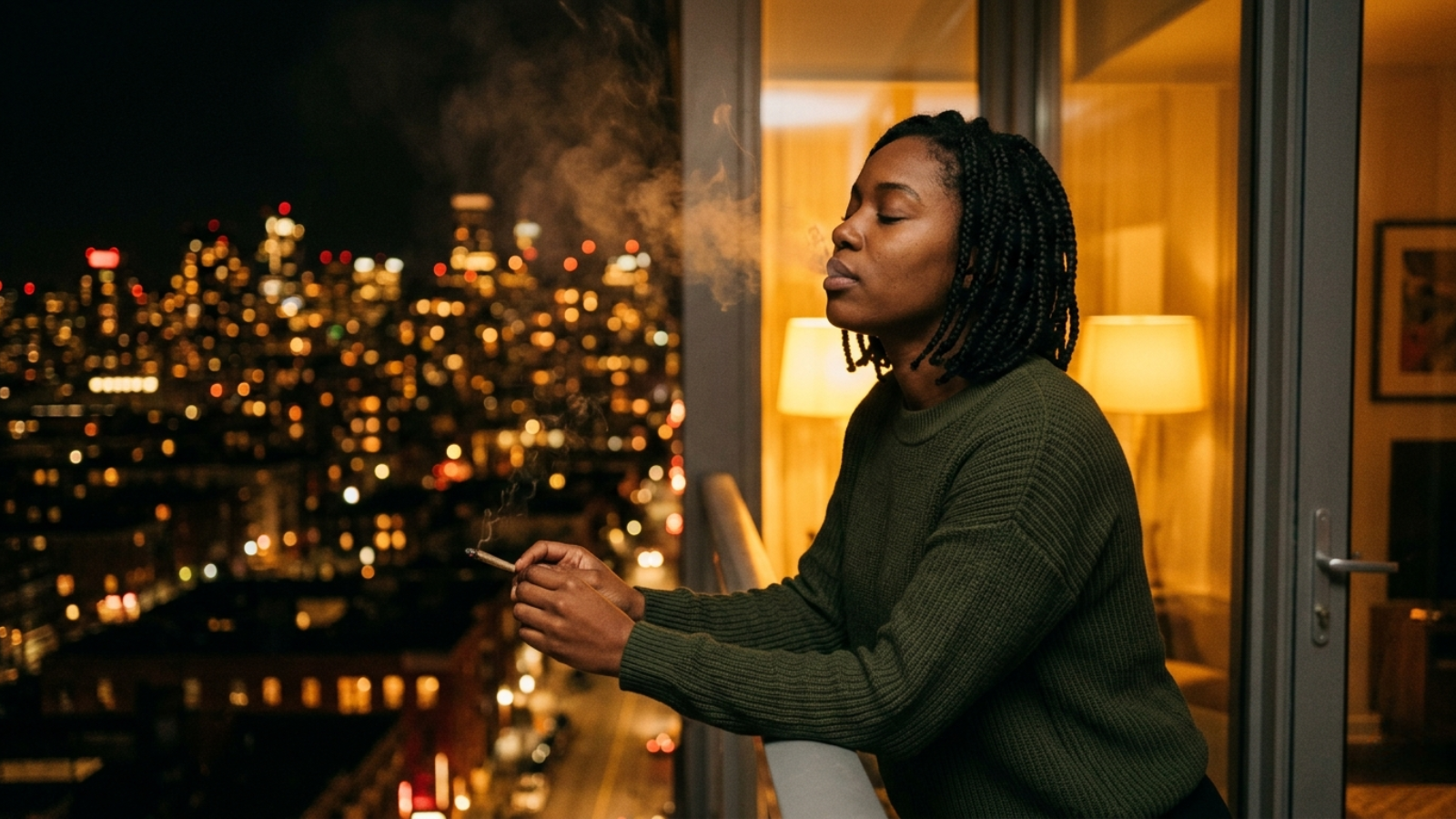 Woman relaxes on apartment balcony at night with warm interior lighting