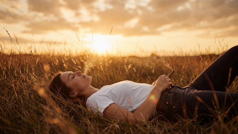 Woman lying in golden hour grass field holding a smoking joint