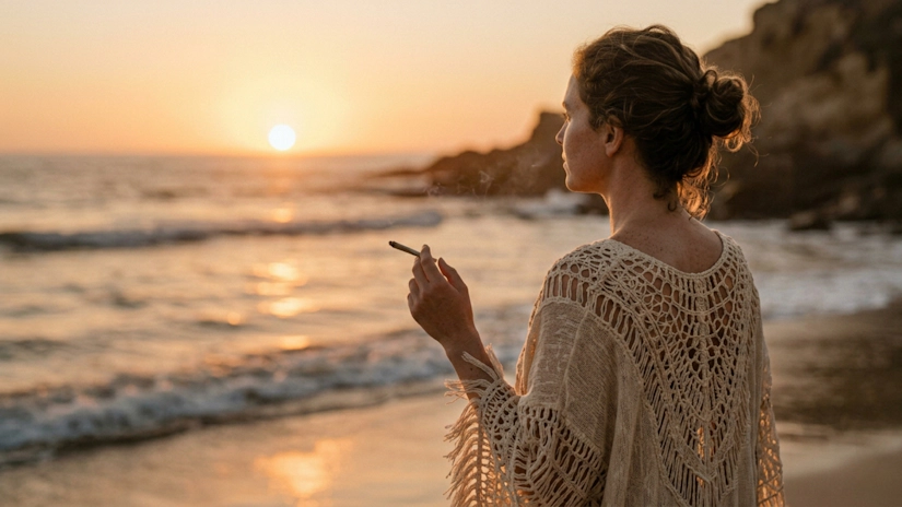Solo cannabis smoker from behind enjoying peaceful coastal sunset view