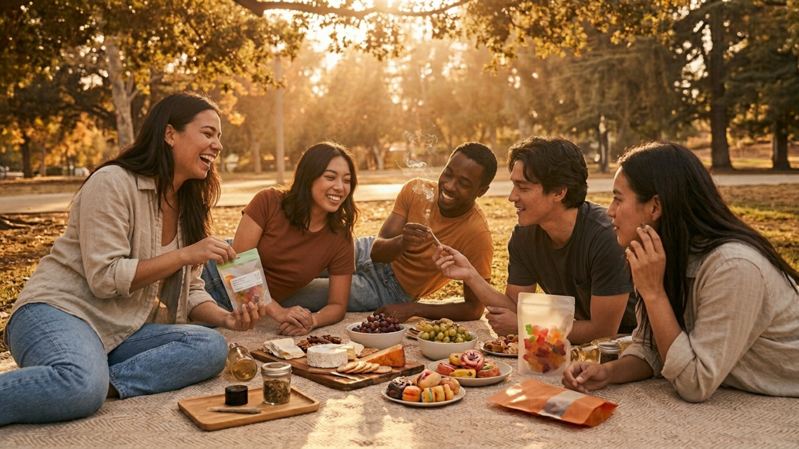 Five friends enjoying lazy park picnic, cannabis lifestyle, golden sunlight through trees