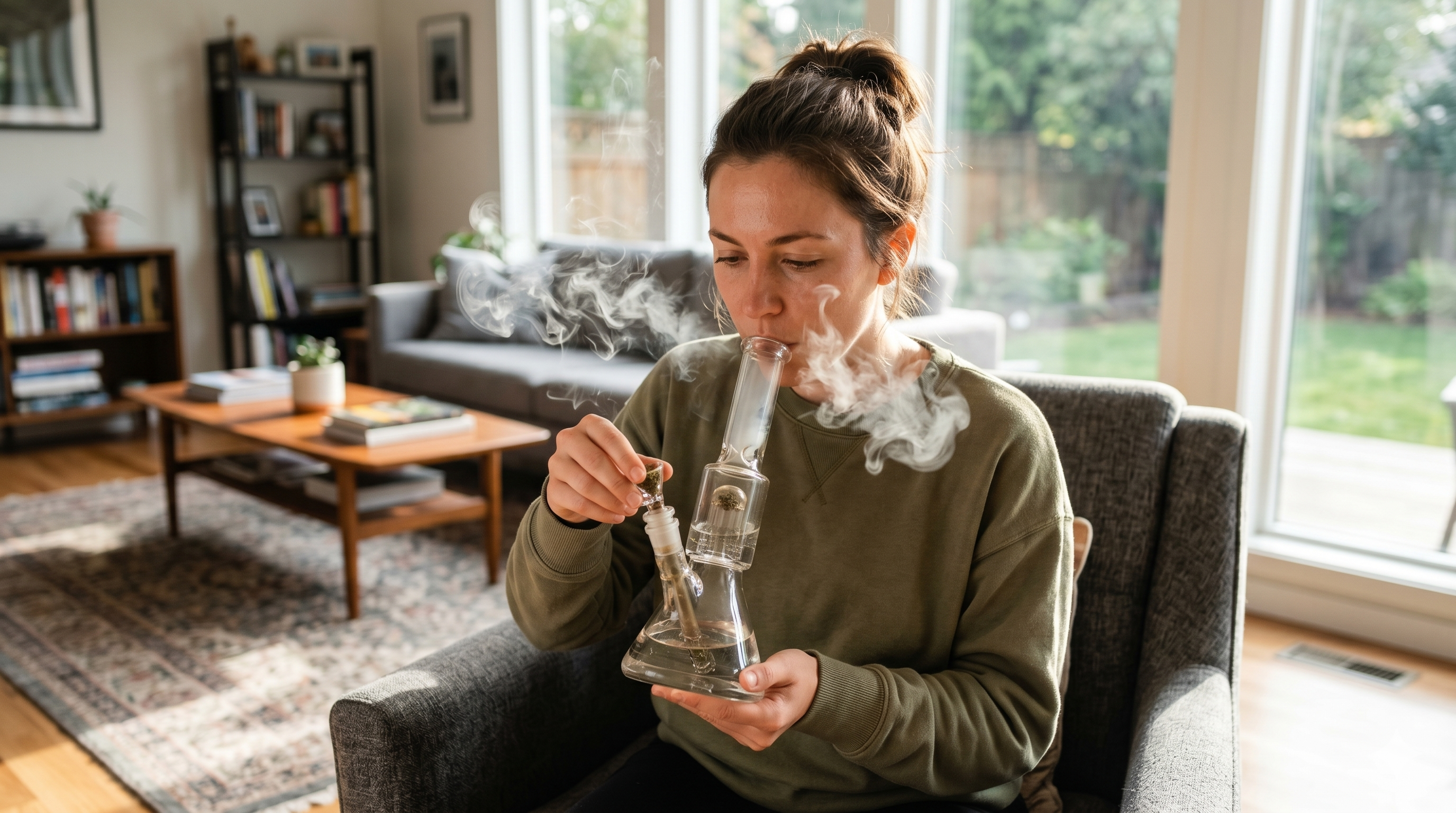 A woman smoking the Jealousy cannabis strain from a glass bong, surrounded by a relaxed and modern atmosphere