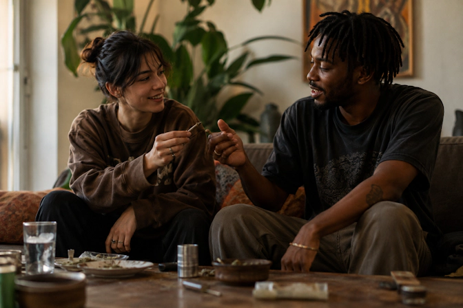 A couple smoking a blunt of Jealousy strain