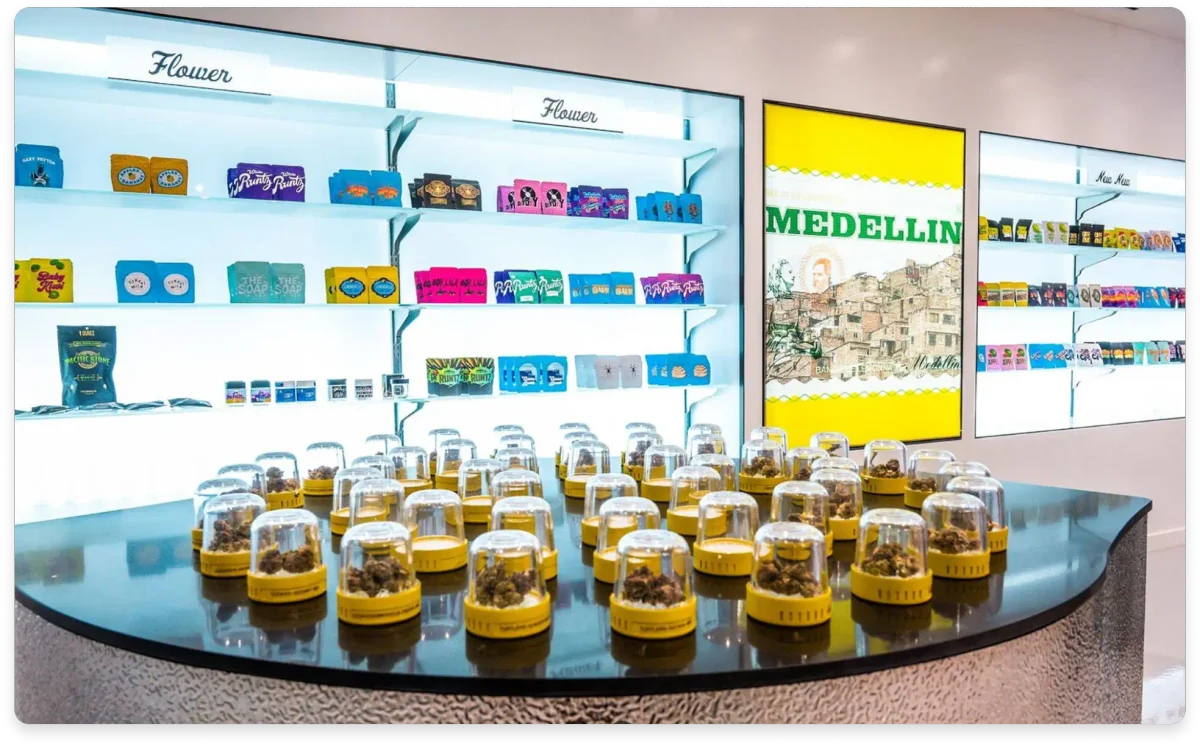 Modern interior of Catalyst Cannabis dispensary in Antioch, CA, featuring cannabis products on display