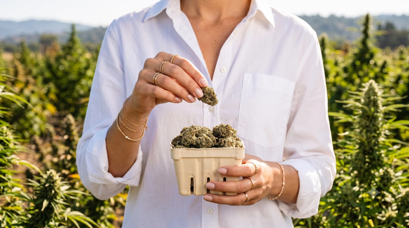 Elegant woman delicately holding an egg basket filled with premium cannabis buds