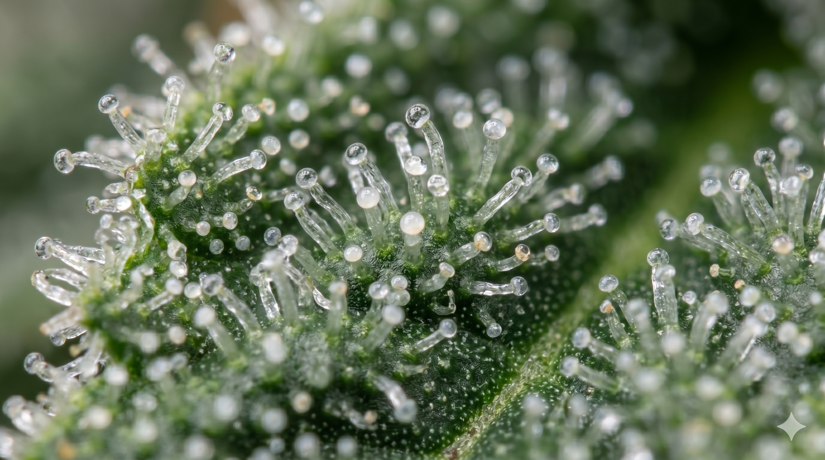 Close-up of a cannabis bud showing clear trichomes during early maturation