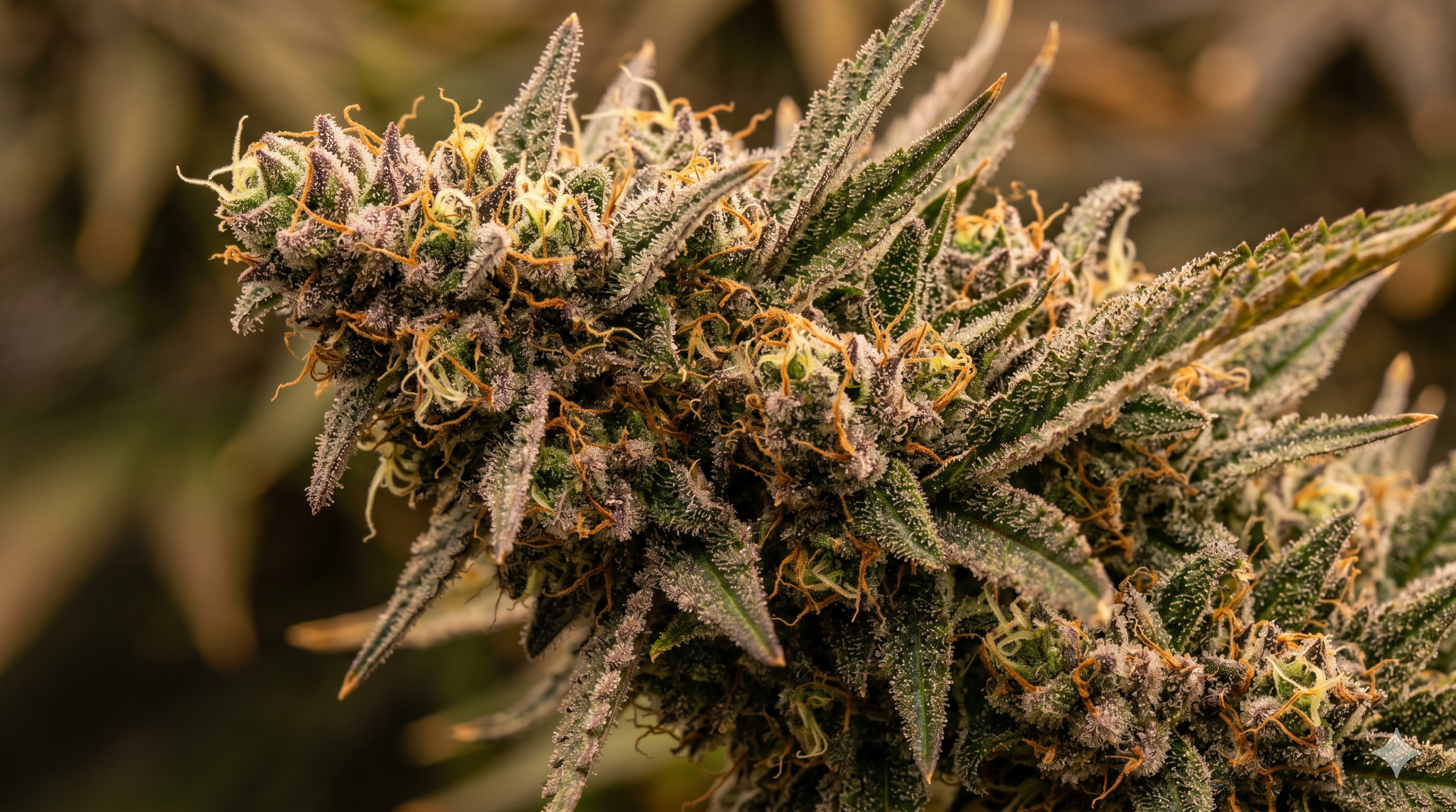 Close-up of cannabis trichomes at different stages of maturity on a flowering bud