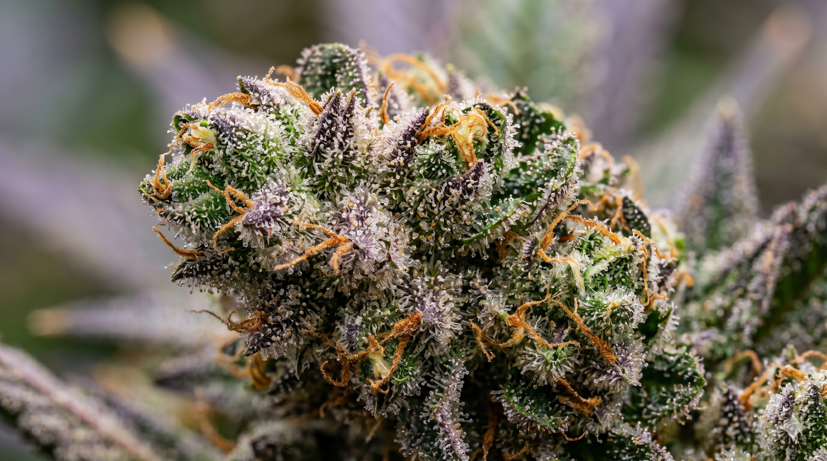 Close-up of a cannabis bud displaying multiple trichome maturity stages