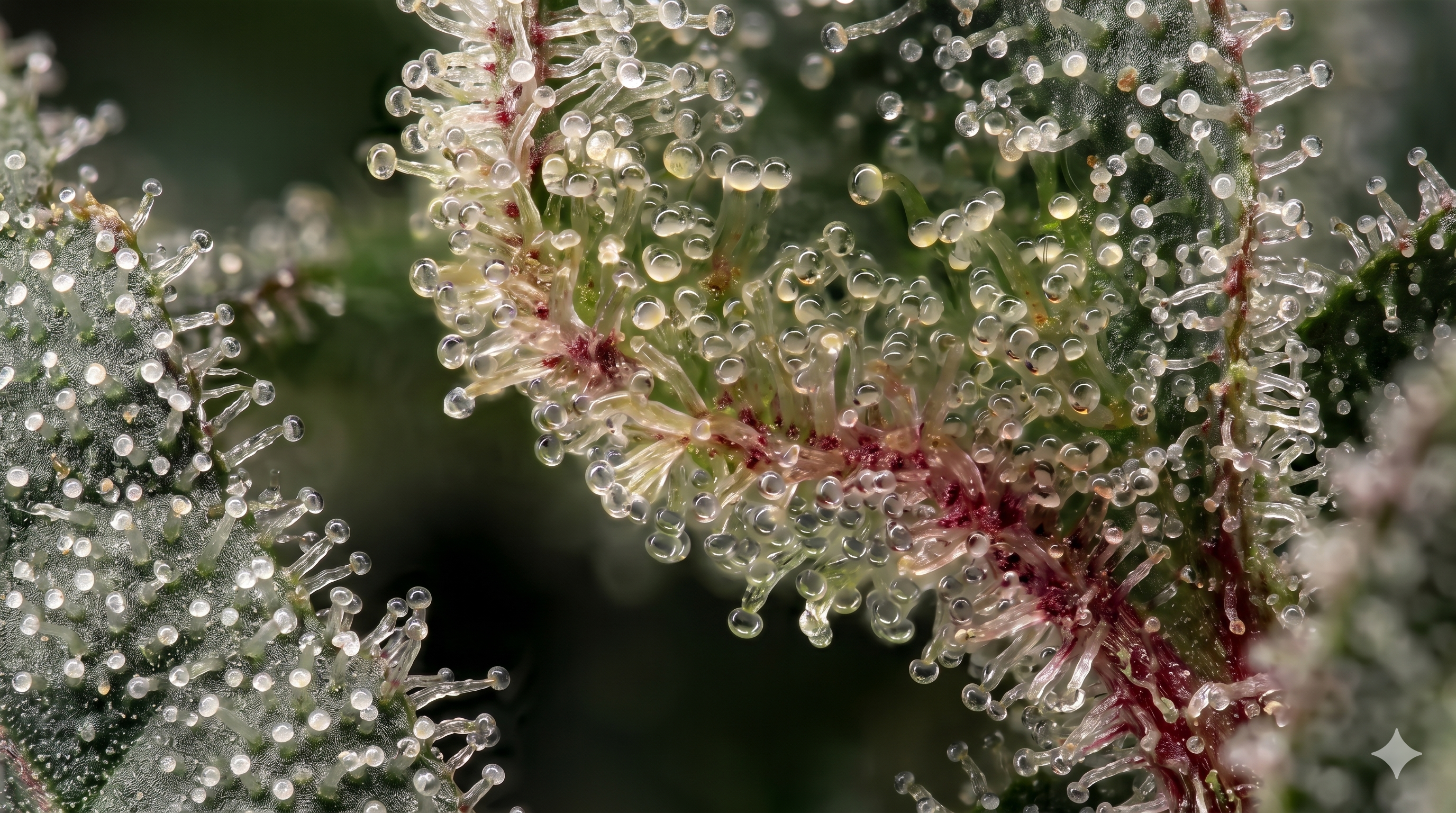 Macro view of cannabis trichomes in the clear stage on a developing flower bud