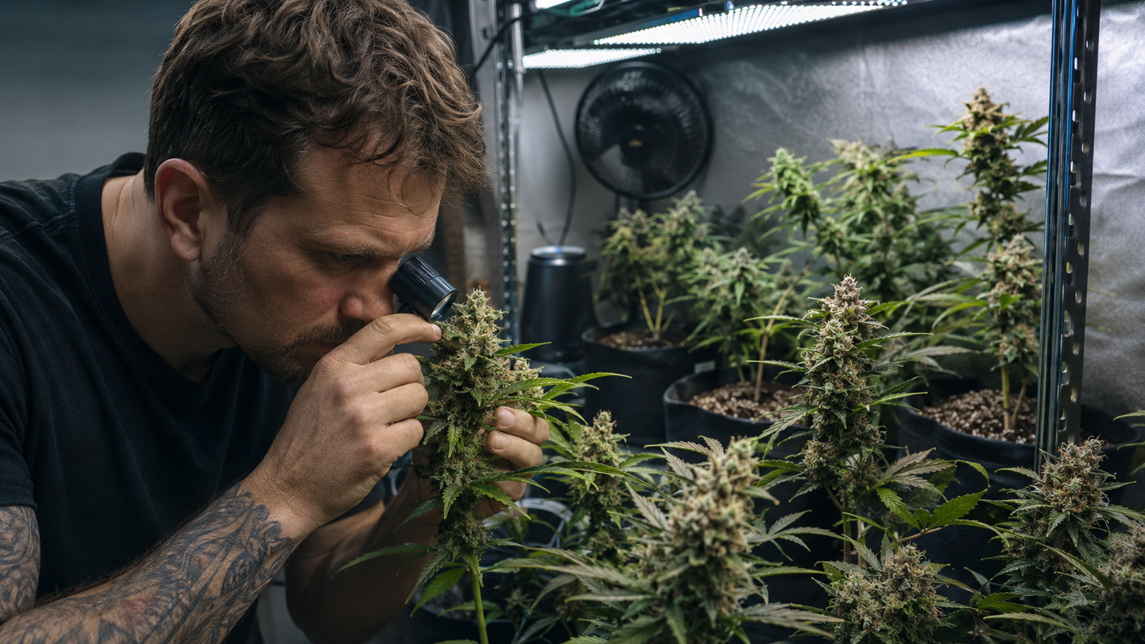 A cannabis grower inspecting trichomes on a flowering cannabis plant to monitor maturity and harvest timing