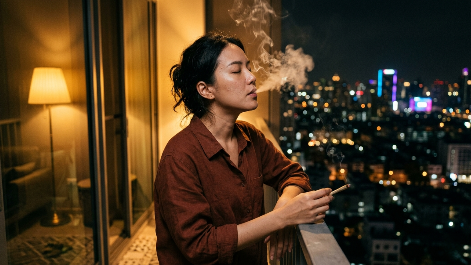 Cannabis lifestyle portrait of woman smoking on city balcony during night time