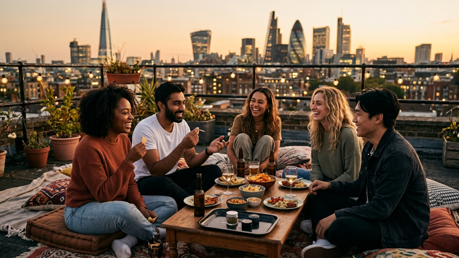 Rooftop social gathering with cannabis, food, and friends during sunset