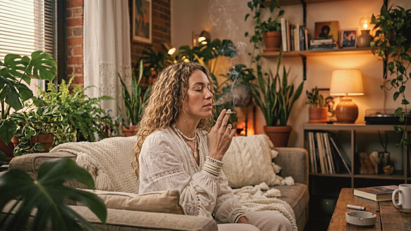 Candid shot of woman smoking in warm, amber-lit studio apartment