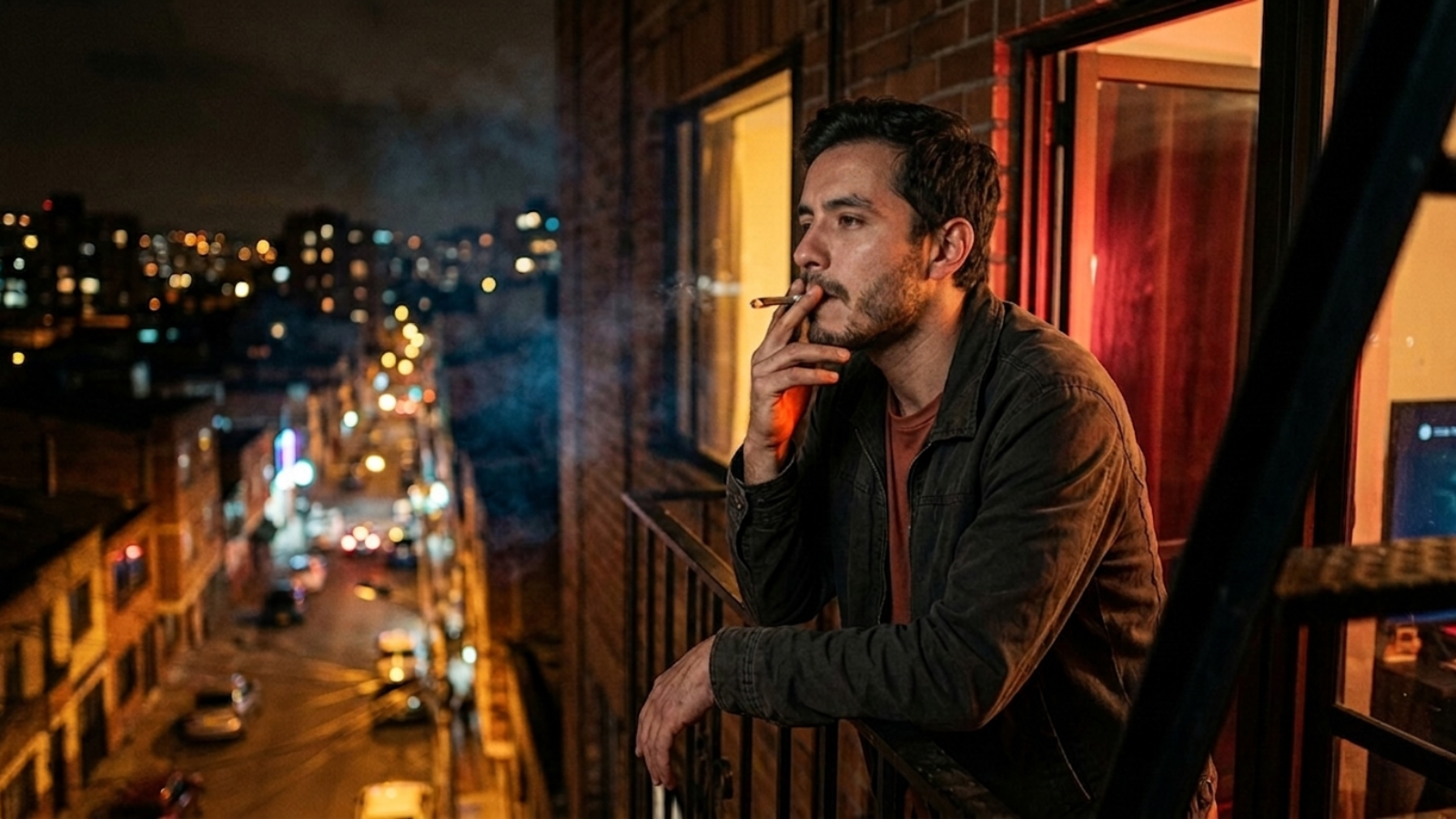 Man smoking joint on apartment fire escape with city lights at night