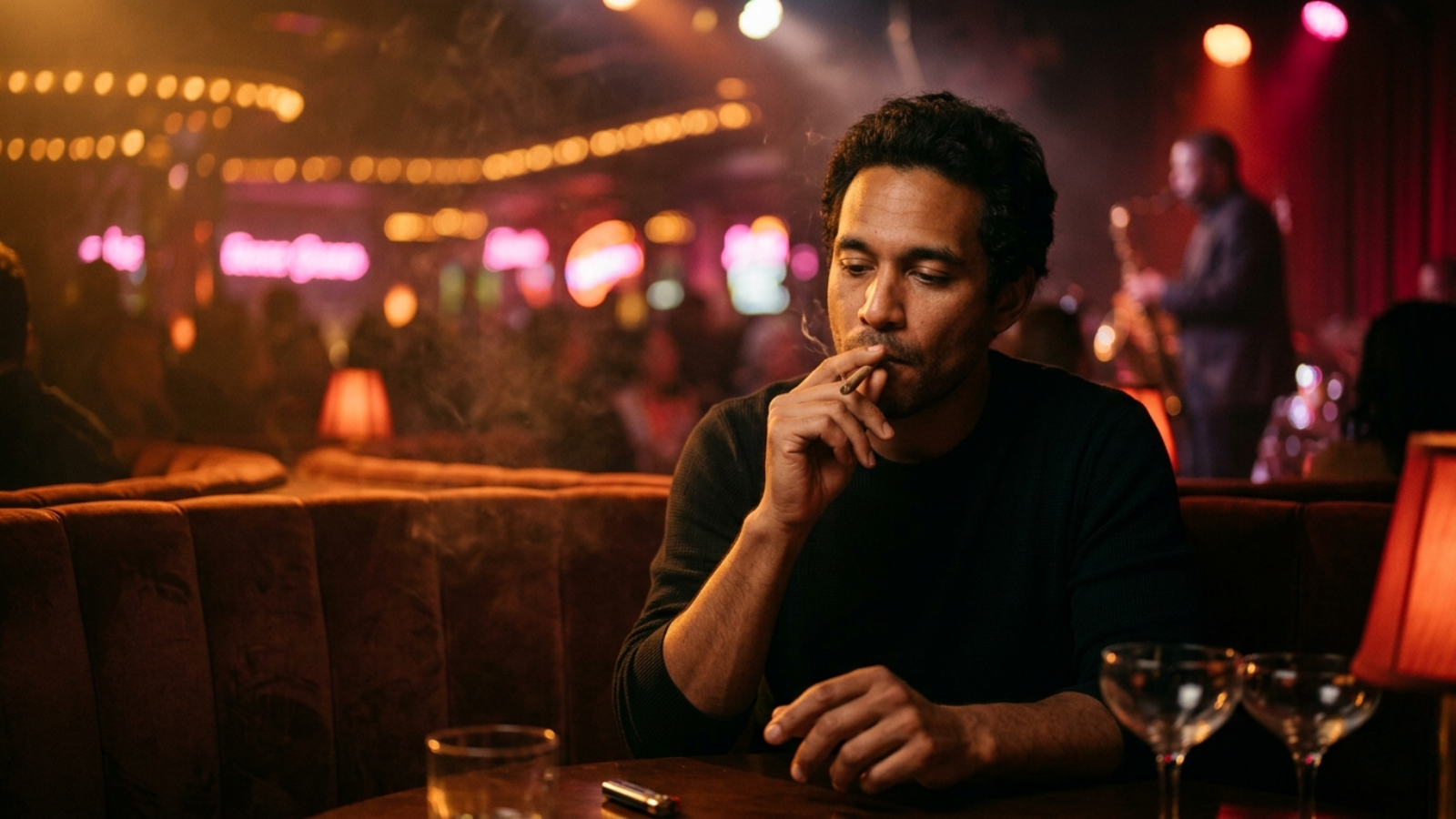 Man smoking a joint in a jazz club with warm amber lighting