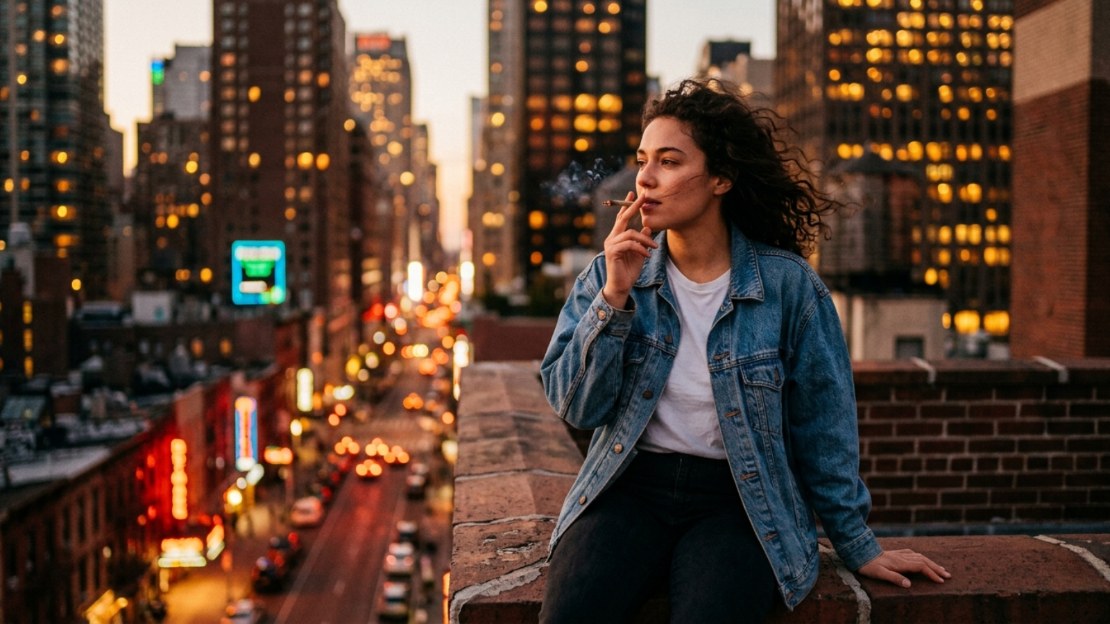 Woman smoking on urban rooftop ledge with blurry skyscraper lights behind