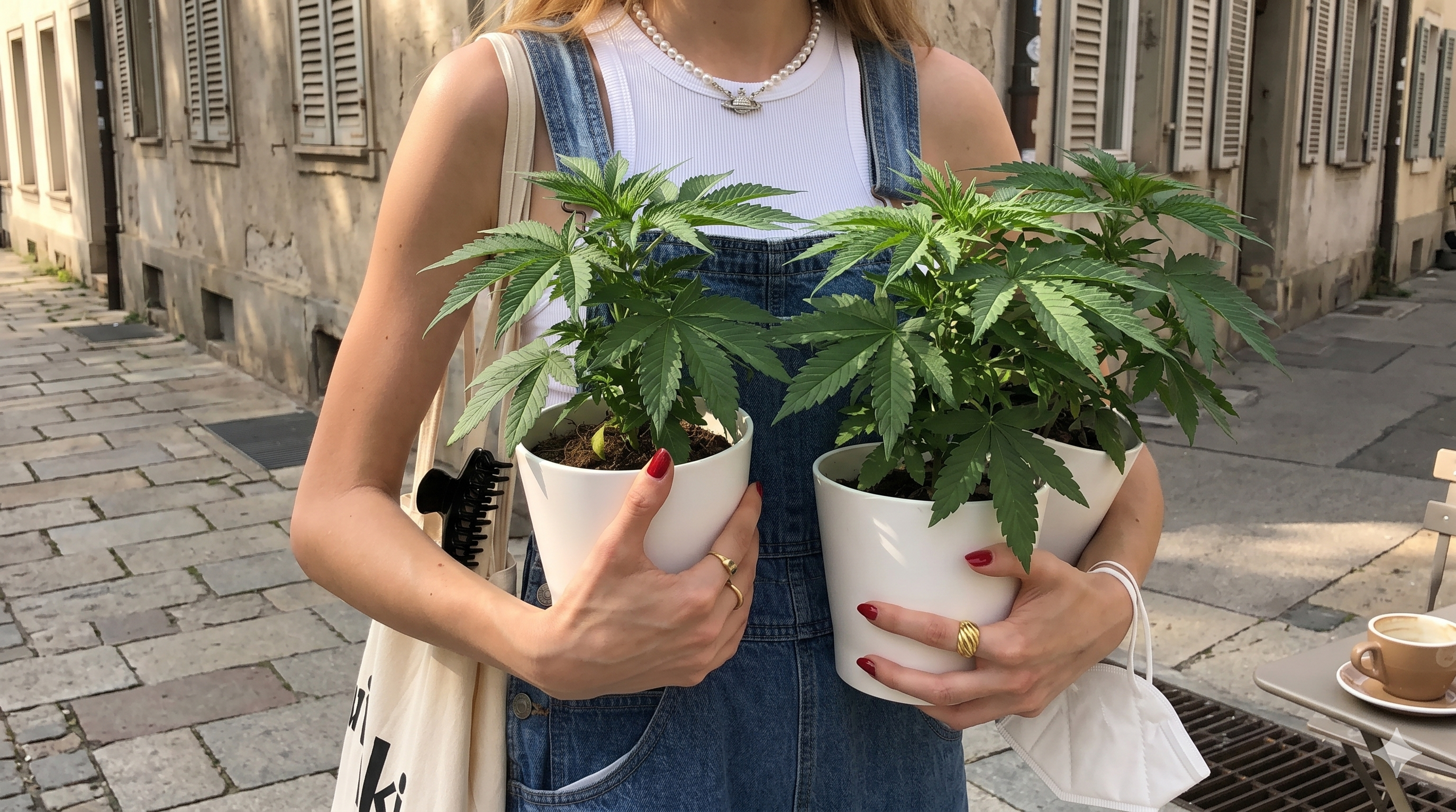 A woman carrying young cannabis plants before transplanting them into a home grow setup