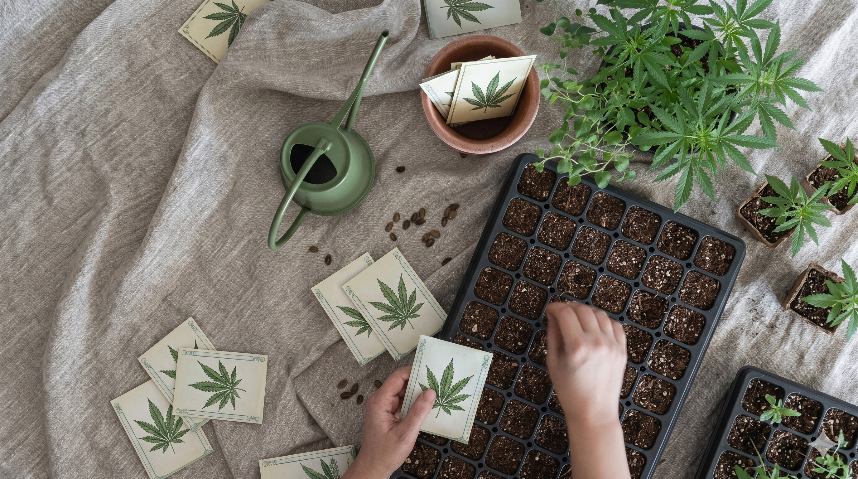 A woman planting cannabis seeds in soil at the beginning of a home growing project