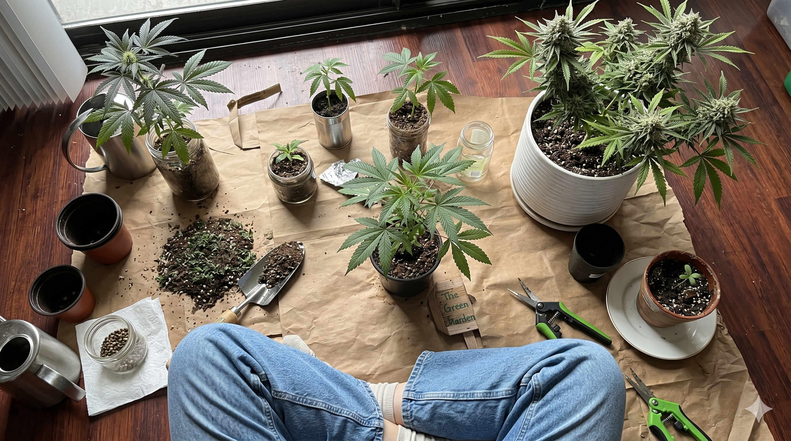 Home grower transplanting cannabis plants into containers inside an indoor grow setup.