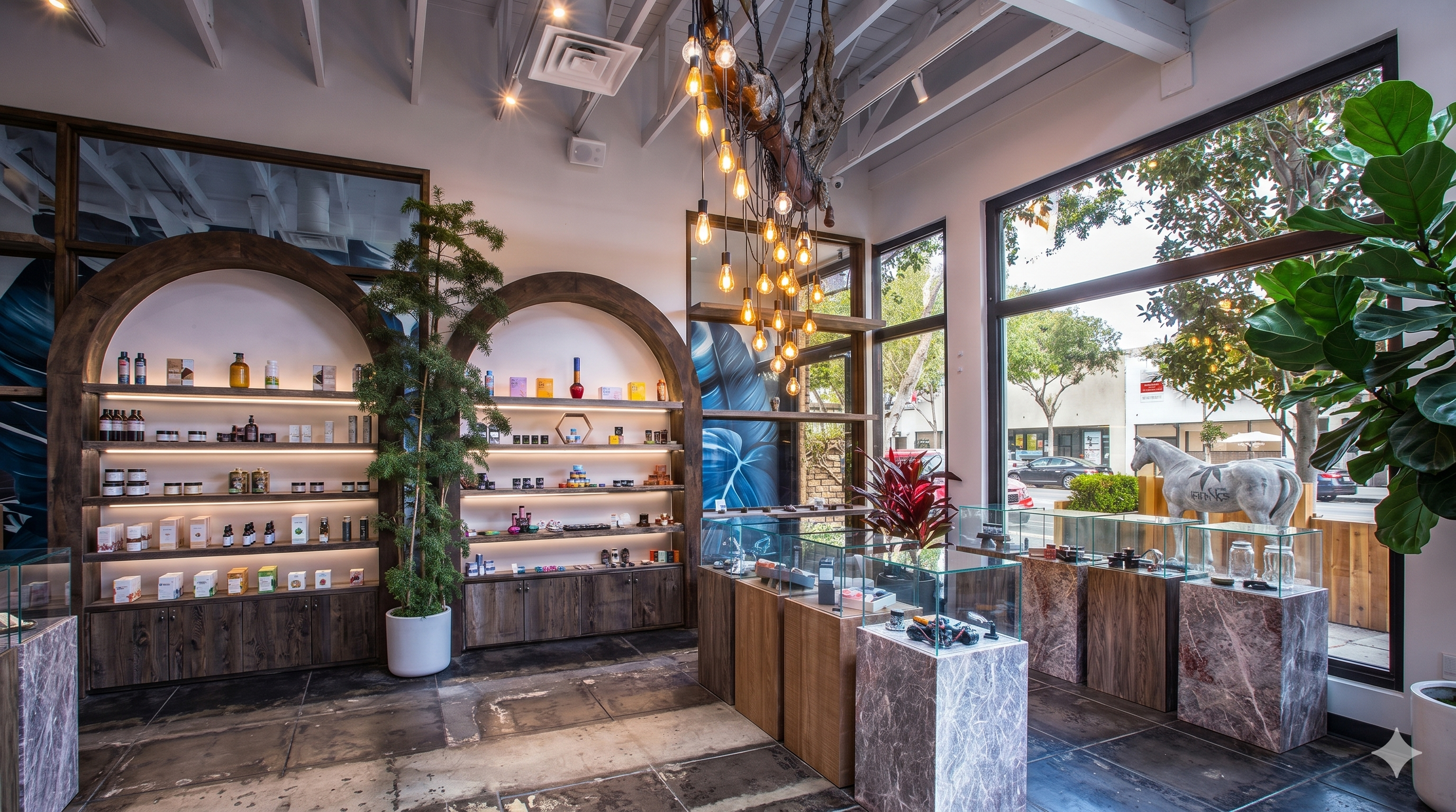 Interior of a cannabis dispensary featuring product displays and a modern retail environment.