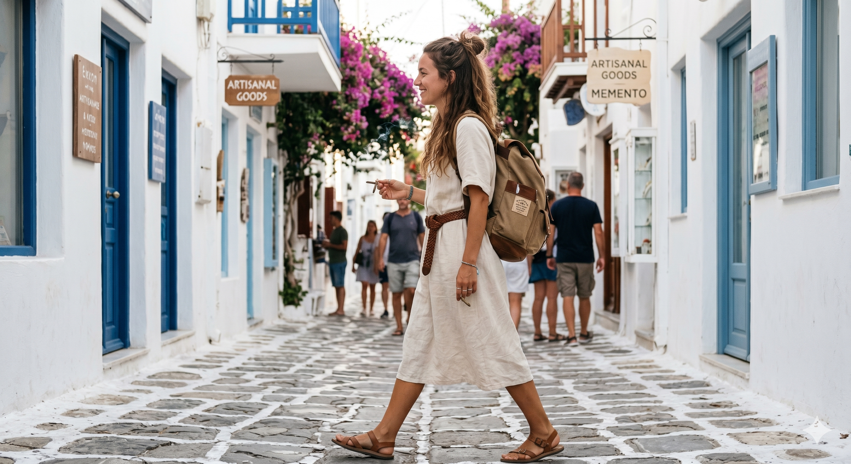 A visitor walking through Mykonos Town and learning about local cannabis