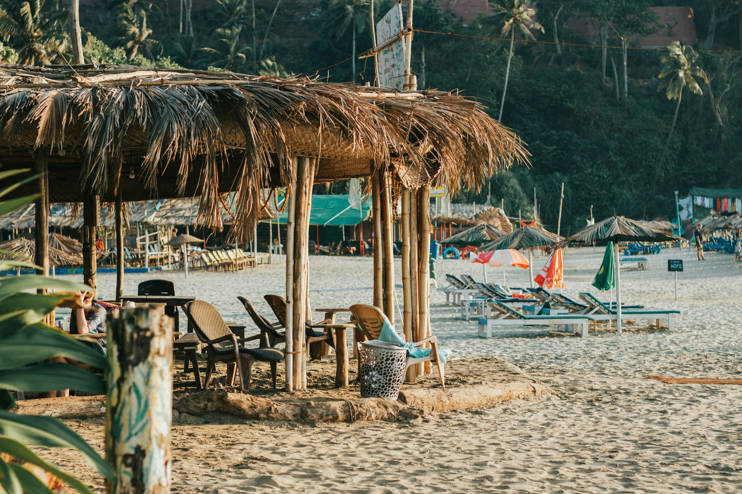 Scenic beach in Goa, India with golden sand, palm trees, and calm Arabian Sea waters, featured in a Buy Weed in Goa travel guide