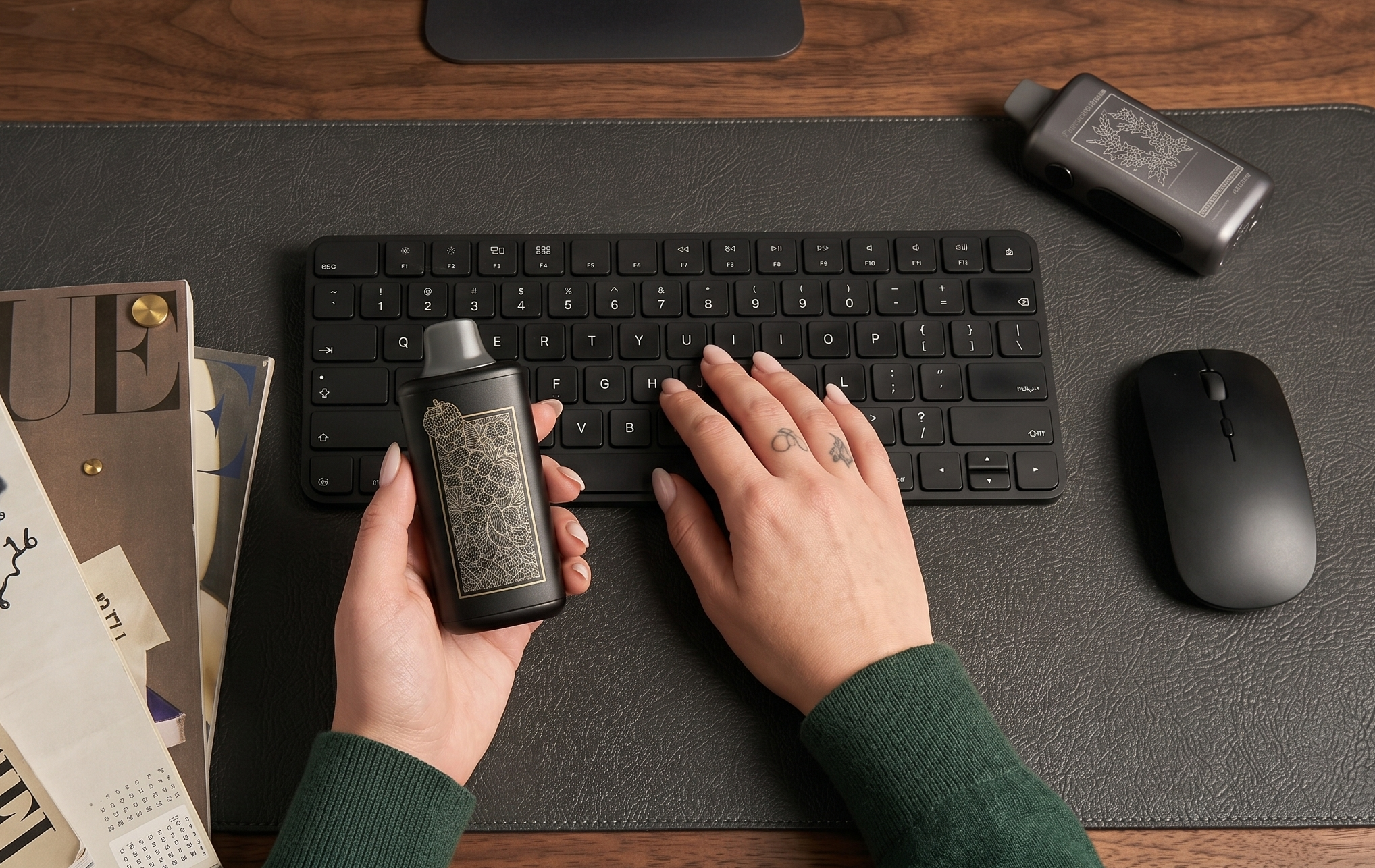 Adult using a portable vape cartridge system
