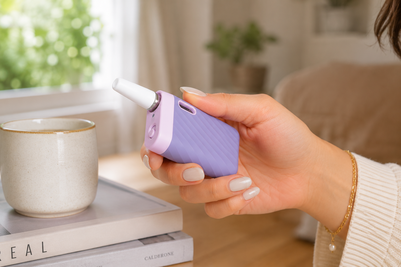 Adult holding a vape cartridge device in a relaxed setting