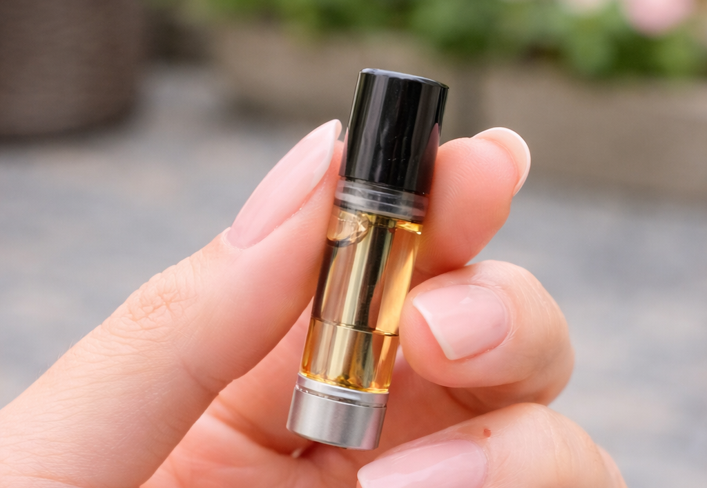 Macro view of a cannabis oil cartridge showing the oil chamber