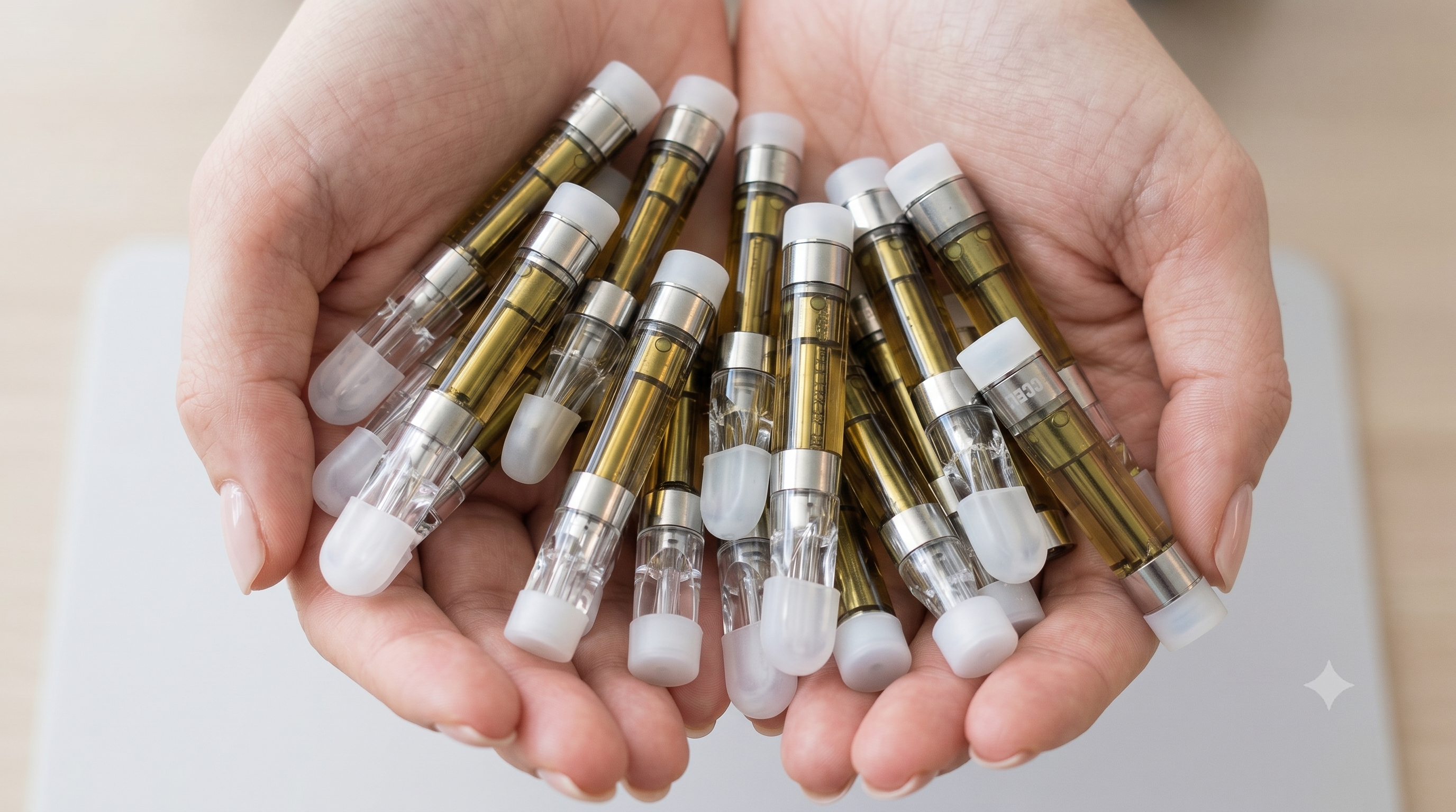 A woman holding a selection of cannabis vape cartridges in her hands