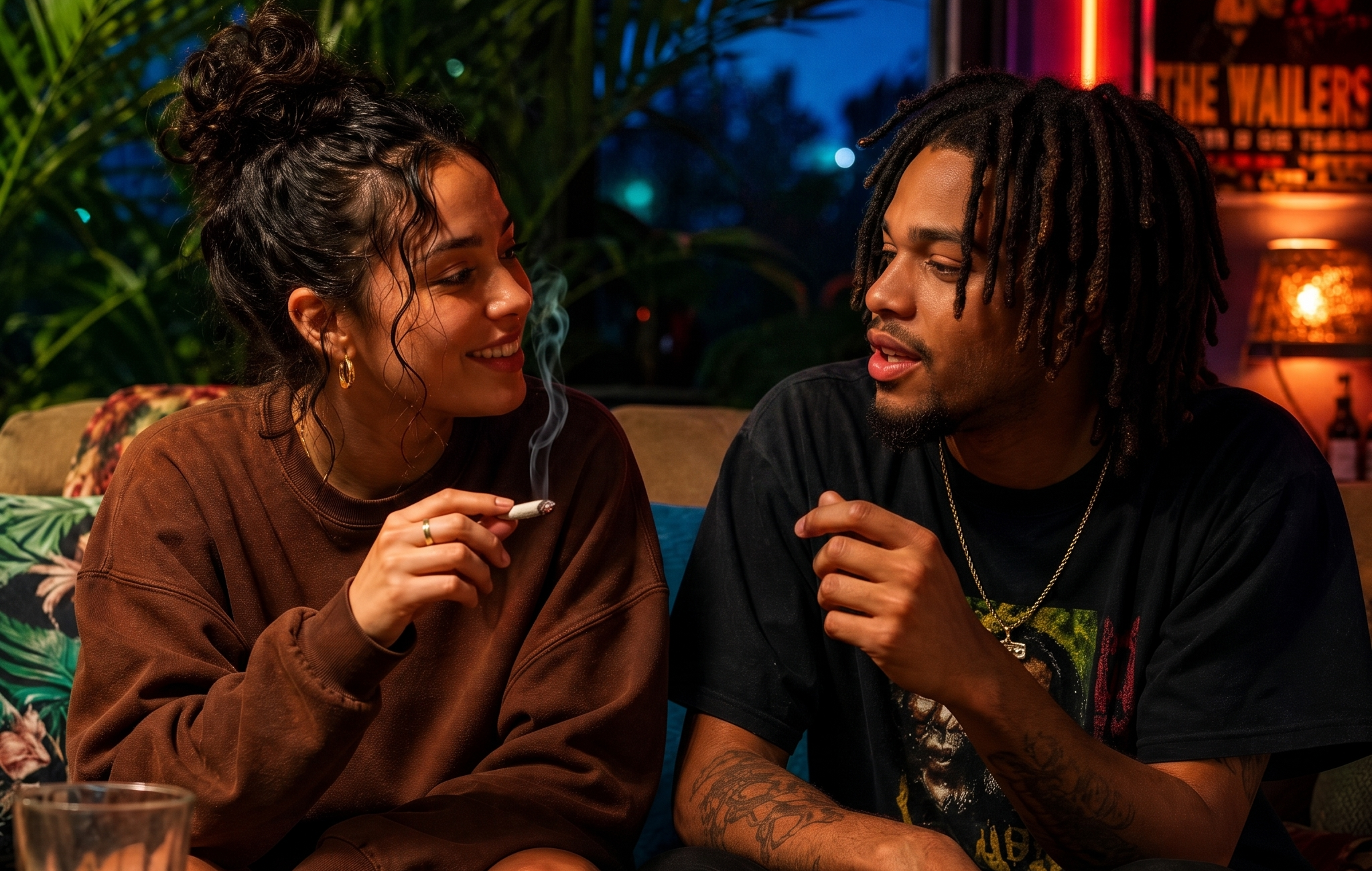 Two friends smoking and sharing a pink runtz joint
